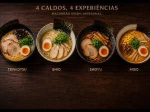 Quatro bowls de ramen lado a lado, cada um com um tipo de caldo diferente (tonkotsu, shio, shoyu e miso) e macarrão Keishi específico.