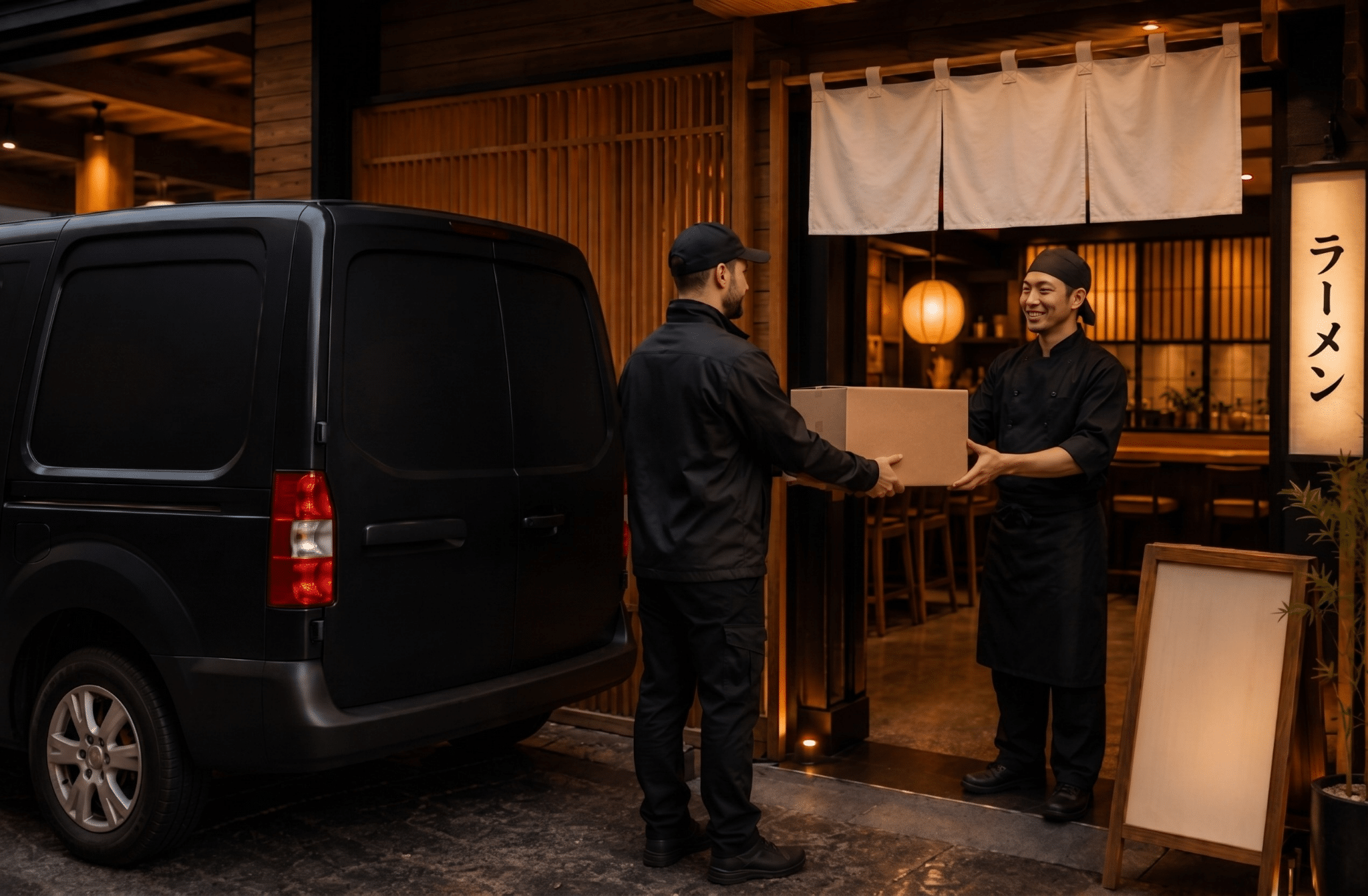Van de entrega Keishi estacionada em frente a restaurante japonês no interior, entregador levando caixa de macarrão fresco ao chef.