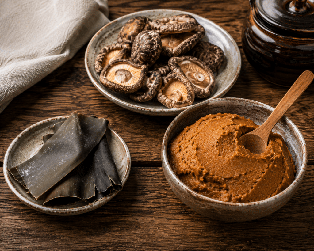 Ingredientes para caldo vegano de ramen: alga kombu, cogumelos shiitake secos e pasta de missô sobre mesa.