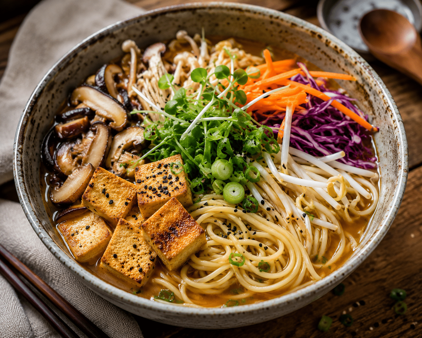 Bowl de ramen vegano com caldo de vegetais, macarrão miso vegano Keishi, tofu grelhado, cogumelos e brotos frescos coloridos.