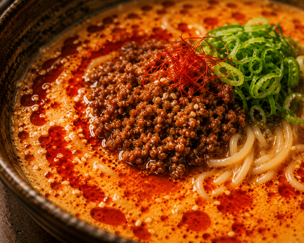 Tantan men: o que é e como esse ramen apimentado está crescendo no Brasil 2 Close-up de bowl de tantan men com óleo de pimenta vermelho sobre caldo cremoso e carne moída temperada.